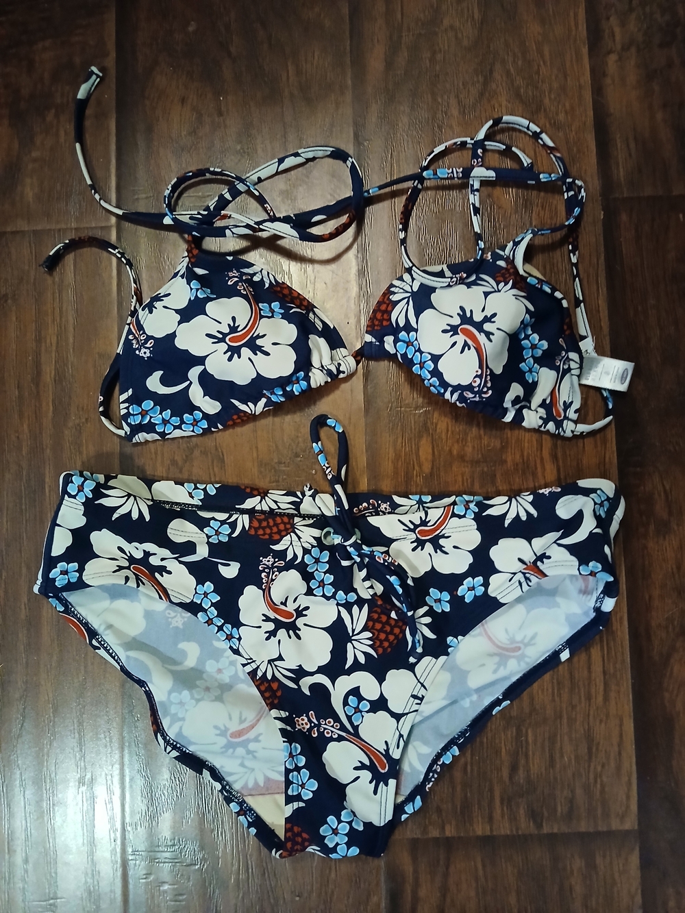 Old Navy Navy and White Floral Bikini Set with Red Accents